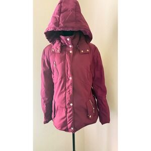 Cole Haan Womens Down Puffer Coat With Hood Maroon Gold Accent XL